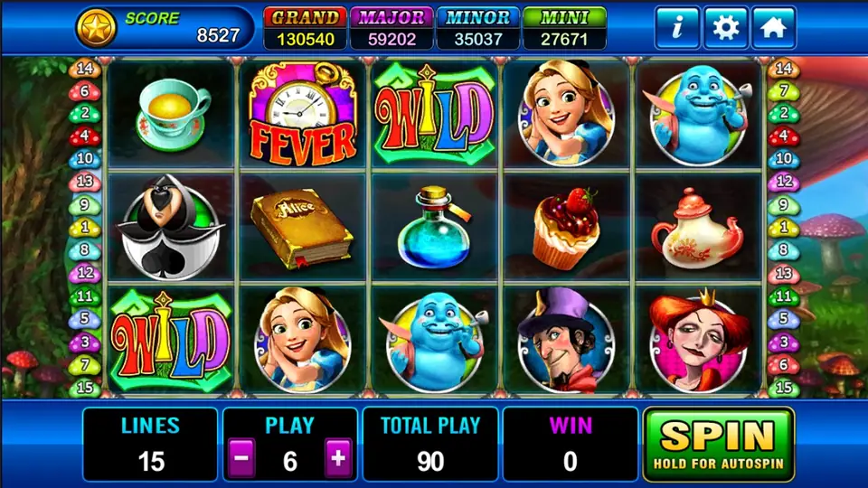 Alice base game with a FEVER clock on reel 2 and WILD tiles on reels 1 and 3