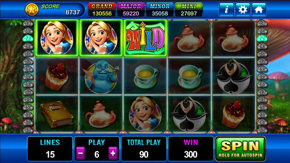 Alice on Play8oy with two Alice symbols and a WILD framed in green on the top row for a win of 300