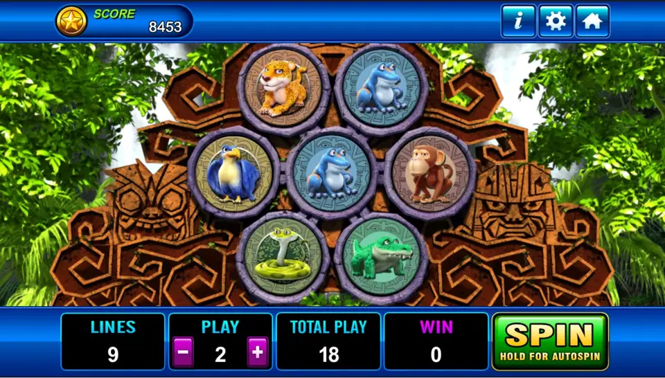 Amazon Jungle on Play8oy: seven round animal tiles in a hexagon pattern on a carved stone temple