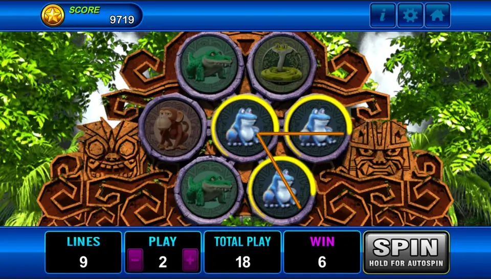 Amazon Jungle win with three blue frogs linked by an orange line for a win of 6