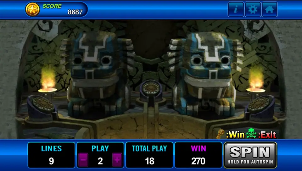 Temple bonus chamber with two stone guardians and the Win and Exit legend