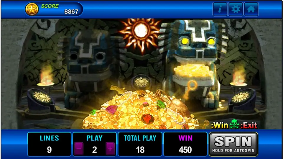Gold treasure pile in the final temple chamber with the WIN box at 450