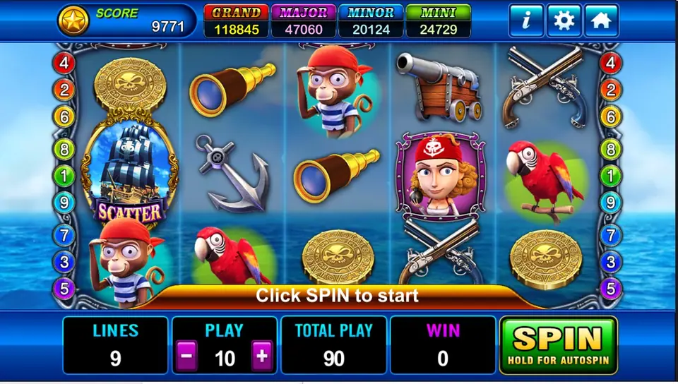 Captain Roger on Play8oy with a pirate ship scatter on reel 1, a monkey, parrots and gold coins on a sea background
