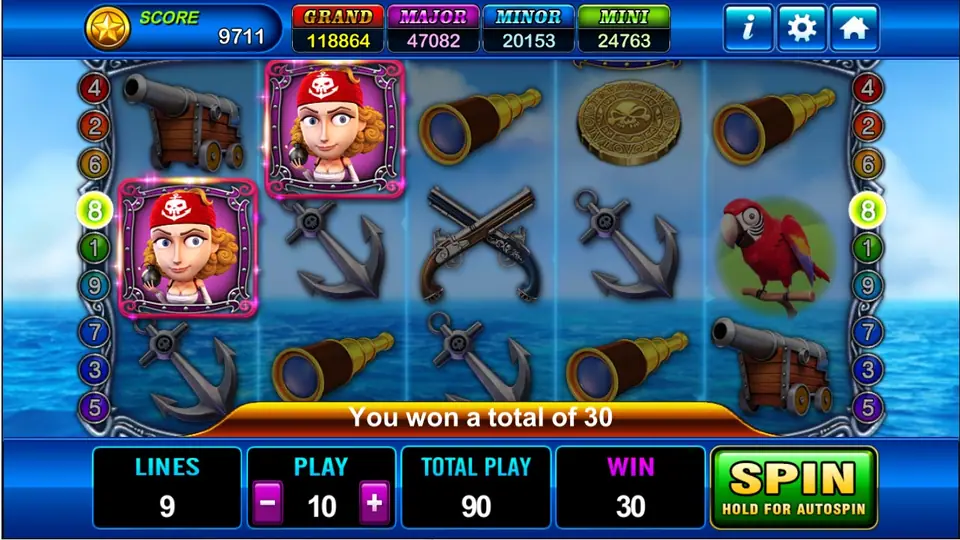 Captain Roger win with two pirate girl symbols framed and You won a total of 30