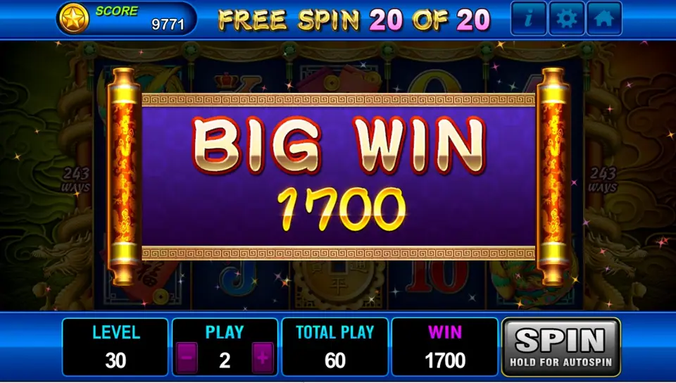 Dragons Legend free spin 20 of 20 ending with a BIG WIN banner of 1700