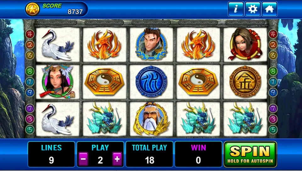 Fong Shen on Play8oy with a white crane, phoenixes, a young hero, a red-hooded woman, bagua discs, a blue Water coin and a gold element coin on white reels
