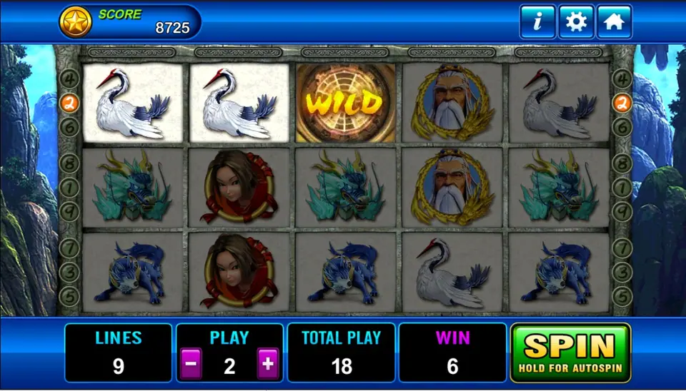 Two cranes and the bagua WILD on the top row paying 6 at PLAY 2