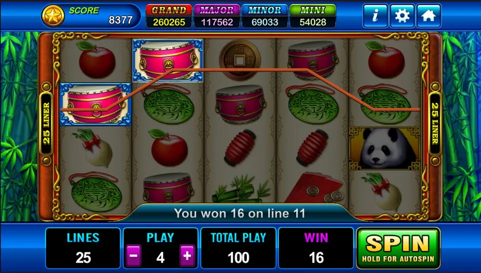 Line 11 win on Fortune Panda: drums on reels 1 and 2 paying 16