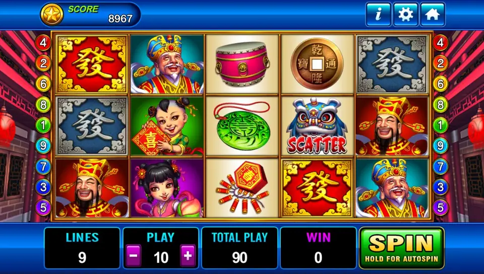 God of Wealth on Play8oy with red and blue Fa tiles, the God of Wealth, a drum, a coin, a lion-dance SCATTER and firecrackers on nine-line reels