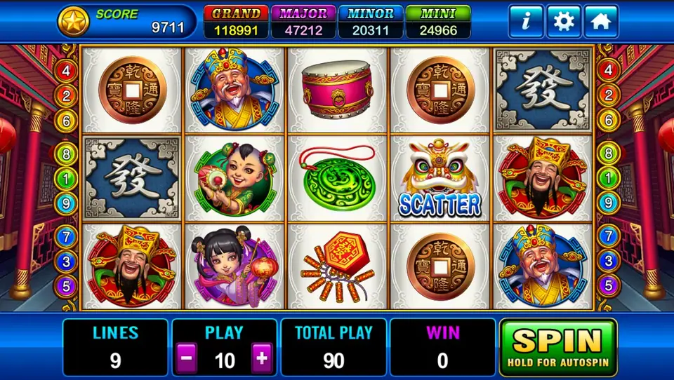 God of Wealth 2 on Play8oy with coins, blue Fa tiles, the God of Wealth, a drum, a jade pendant, a lion SCATTER and firecrackers on white reels