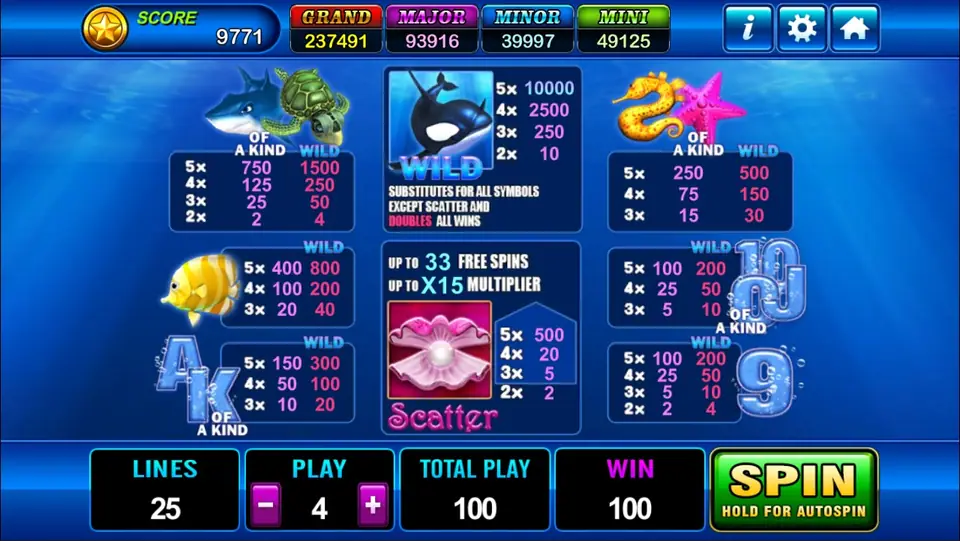Grand Blue paytable on Play8oy with plain and WILD columns, the orca and the pearl scatter