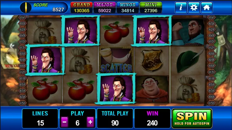 Robin Hood slot on Play8oy with four purple-coated villain symbols framed for a 240 win