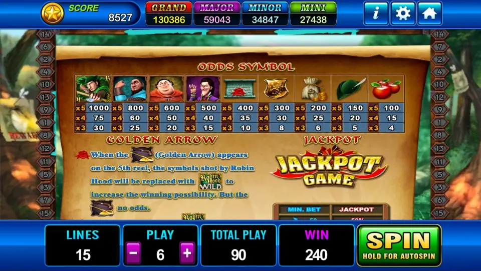 Robin Hood odds page with the Golden Arrow rule and the Jackpot Game panel
