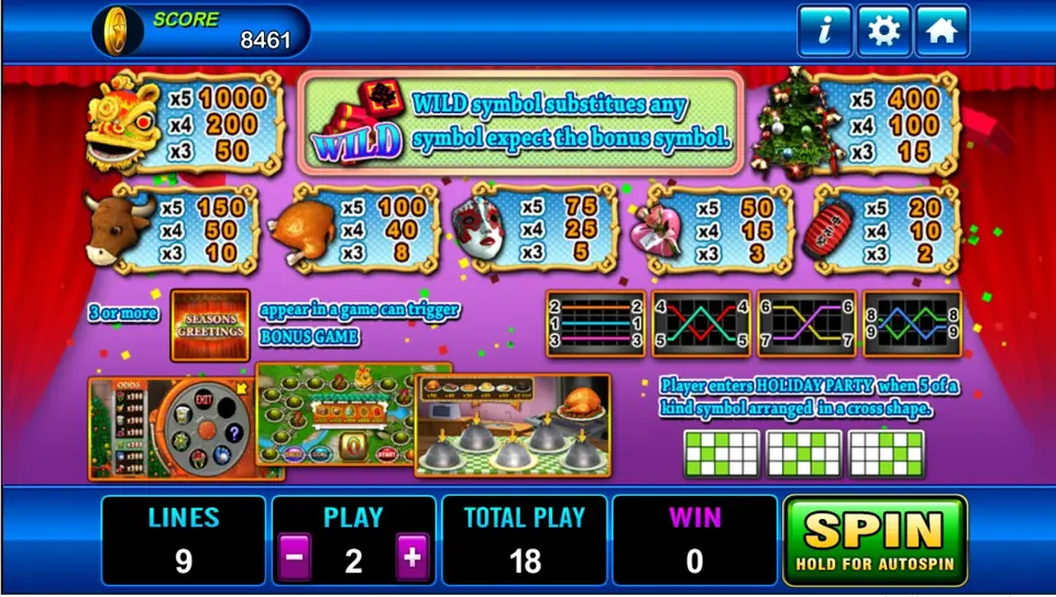 Seasons Greeting paytable with the wild, bonus trigger, line diagrams and Holiday Party patterns