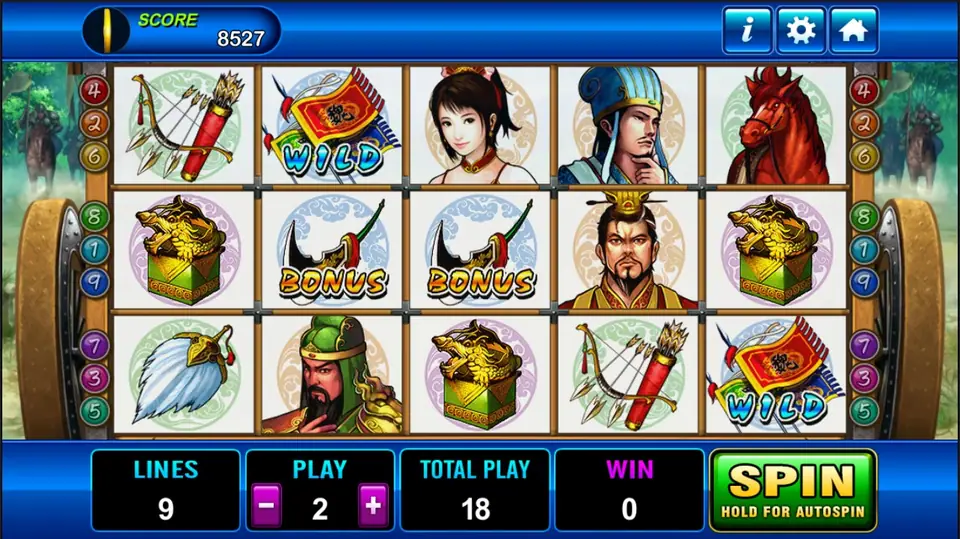 Three Kingdom base game with two BONUS symbols and two flag wilds