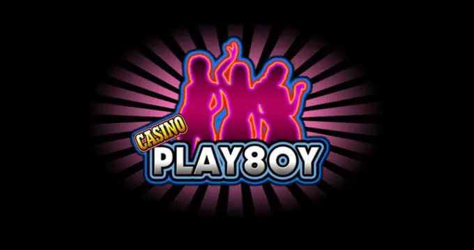 Casino Play8oy logo in pink neon with three dancing silhouettes on a black background with pink light rays