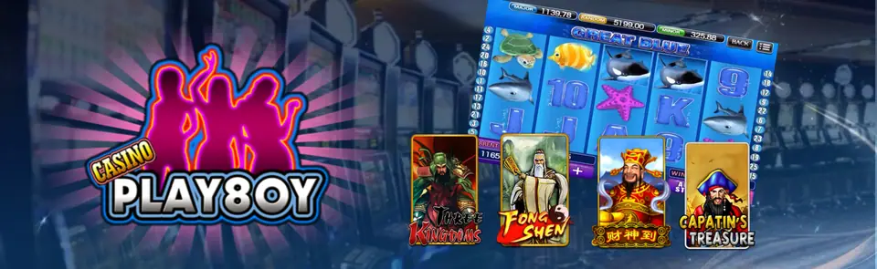 Casino Play8oy banner with the neon wordmark beside tiles for Fong Shen, God of Wealth and Captain's Treasure and a Great Blue reel screen