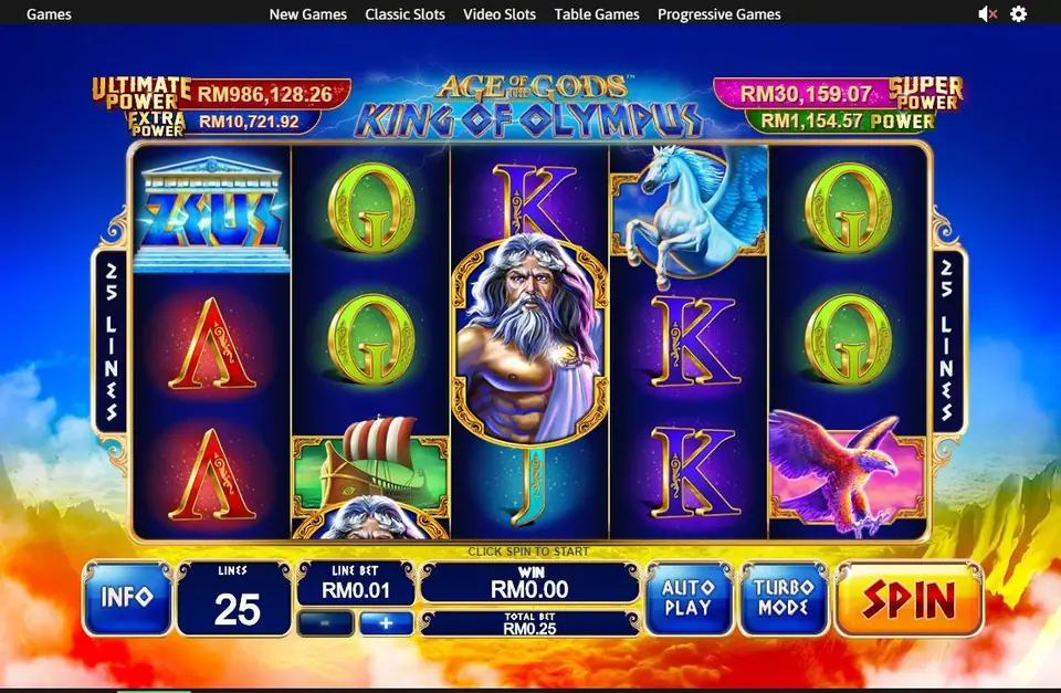 Age of the Gods King of Olympus reels on Rollex11 with Zeus, Pegasus and eagle symbols under four jackpot boxes