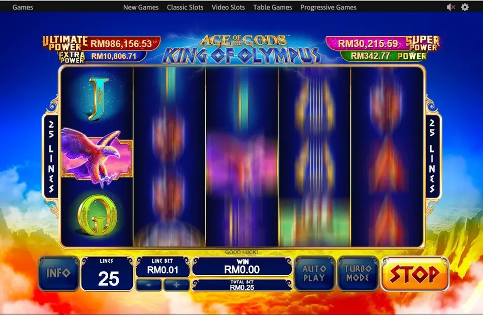 King of Olympus reels spinning with the SPIN button switched to STOP