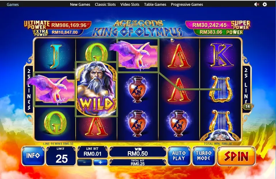 Winning line 14 highlighted with two eagles and a Zeus wild paying RM0.50