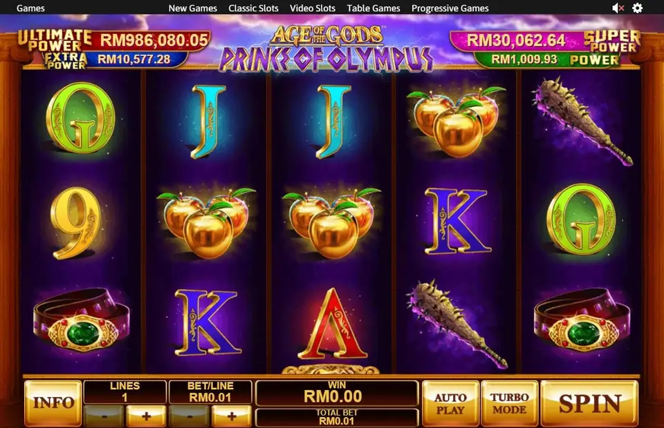 Prince of Olympus reels on Rollex11 with golden apples, a spiked club and a jewelled belt on a purple background