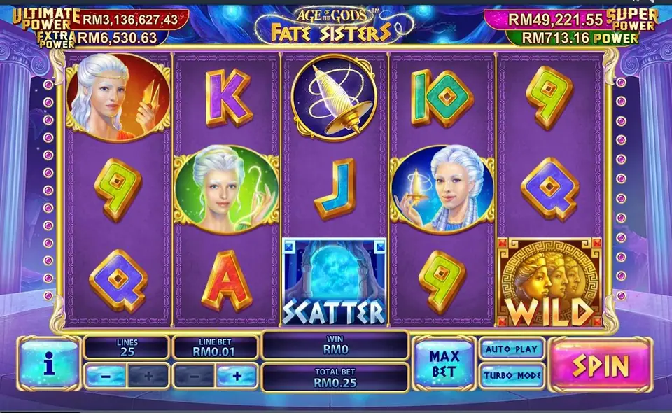 Age of the Gods Fate Sisters on Rollex11 with three sister portraits, a SCATTER tile and a gold WILD on purple reels