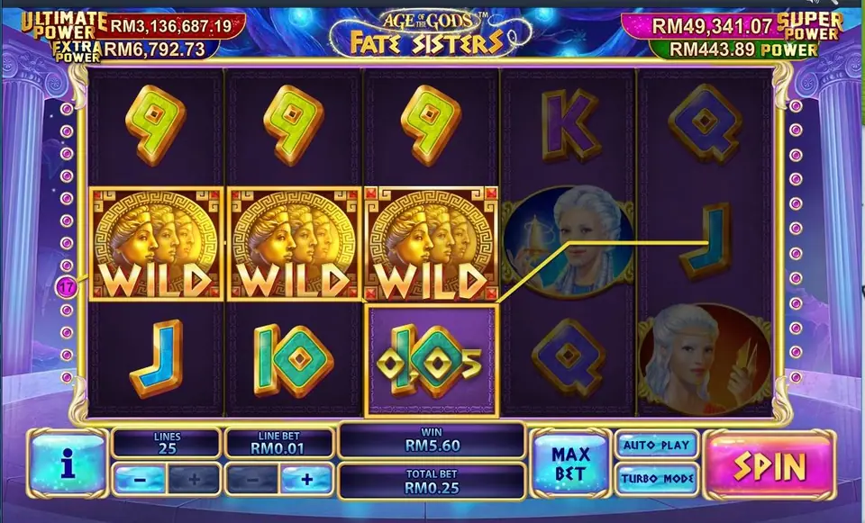 Three WILD coins across the middle row joined on a line, WIN box showing RM5.60
