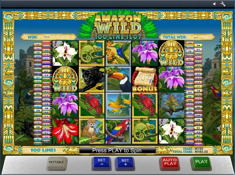 Amazon Wild 100 line slot on Rollex11 with gold mask WILD symbols, a panther, toucan, red frogs and orchids on five reels