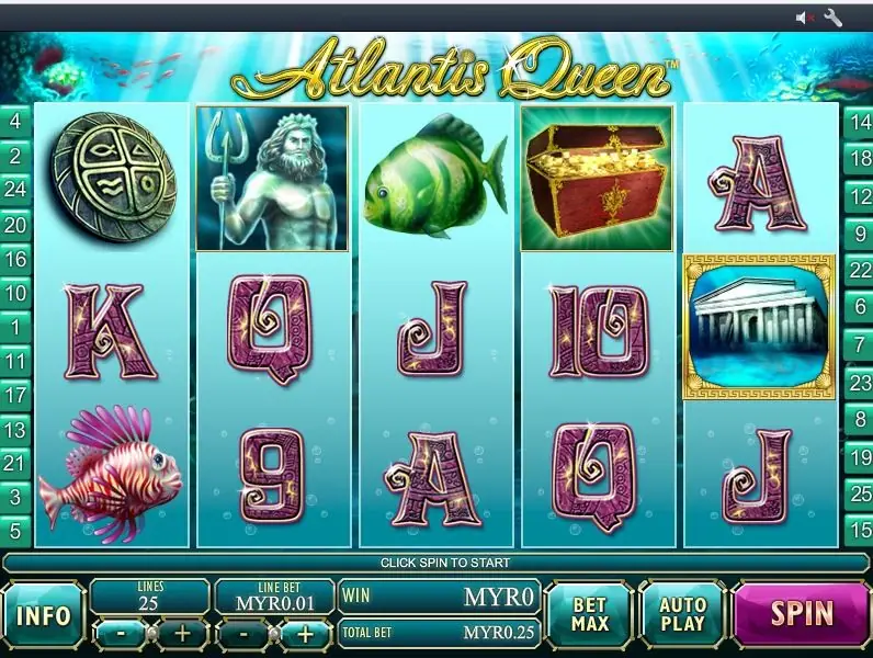 Atlantis Queen on Rollex11 with Poseidon, a treasure chest, a sunken temple tile and card symbols on turquoise reels