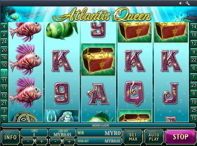 Three lionfish stacked on reel 1 with treasure chests on reels 3 to 5