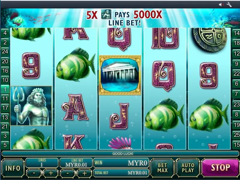 Banner above the reels reading 5X Poseidon pays 5000X line bet during a spin