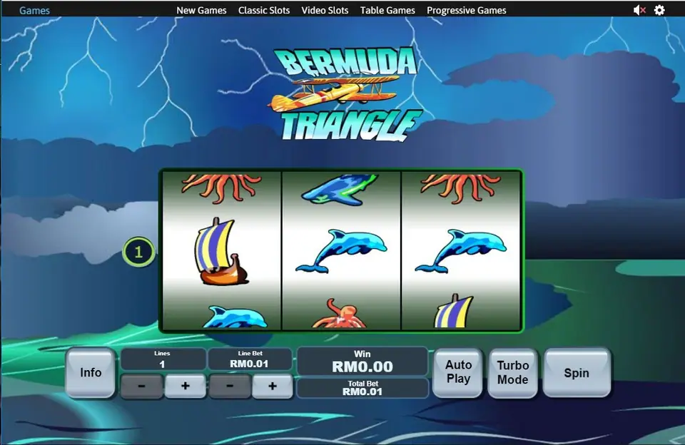 A ship and two dolphins at rest with the Spin button ready