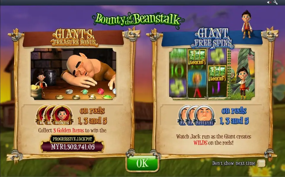 Explainer screen showing Giant's Treasure Bonus on the left and Giant Free Spins on the right