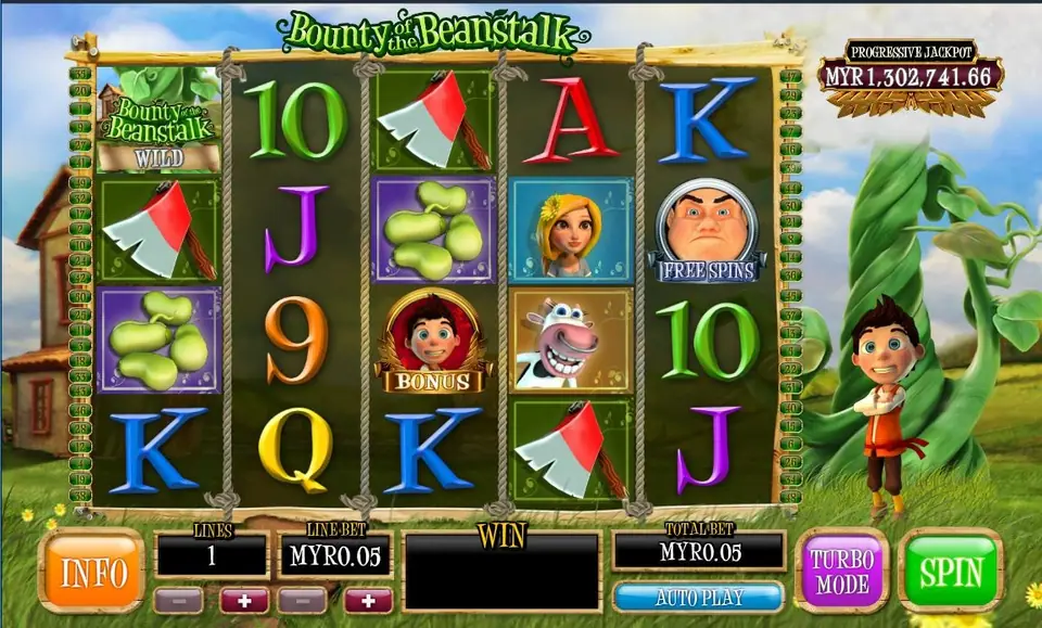Main reels with a Bounty of the Beanstalk WILD, axes, beans, the cow, a Jack BONUS and a Giant FREE SPINS symbol