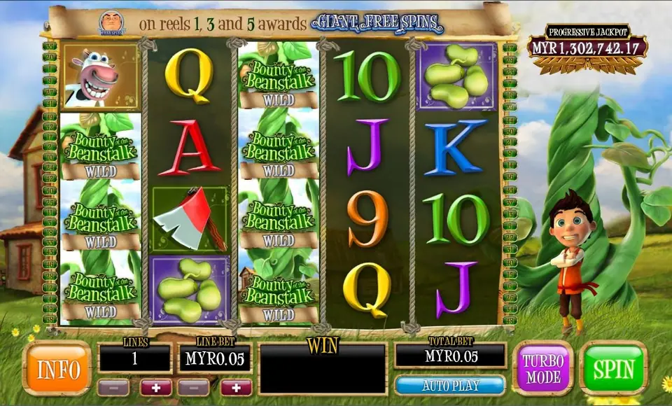 Reels 1 and 3 covered in stacked Bounty of the Beanstalk WILD symbols