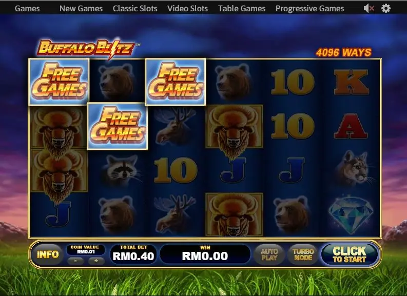 Three FREE GAMES scatter tiles on reels 1, 2 and 3 with the CLICK TO START button