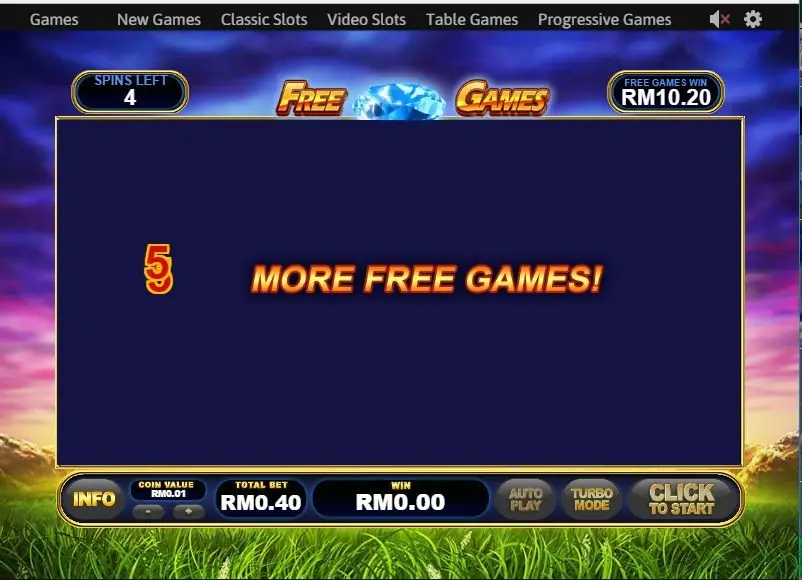 Free games screen showing 5 more free games, 4 spins left and RM10.20 won