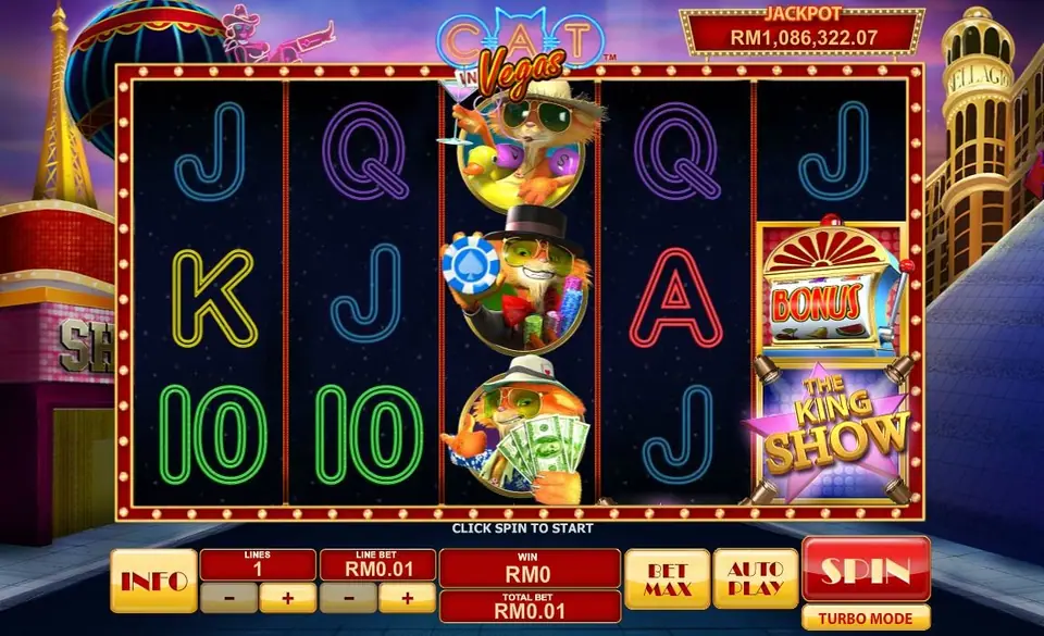 Cat in Vegas slot on Rollex11 with neon J, Q, K letters, three cat symbols stacked on reel 3 and BONUS and King Show tiles on reel 5