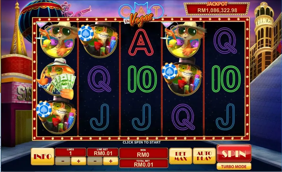 Cat symbols stacked on reels 1, 2 and 4 among neon card letters
