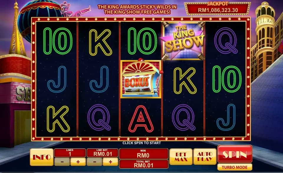 King Show and BONUS tiles on reels 4 and 3 with the free games banner above