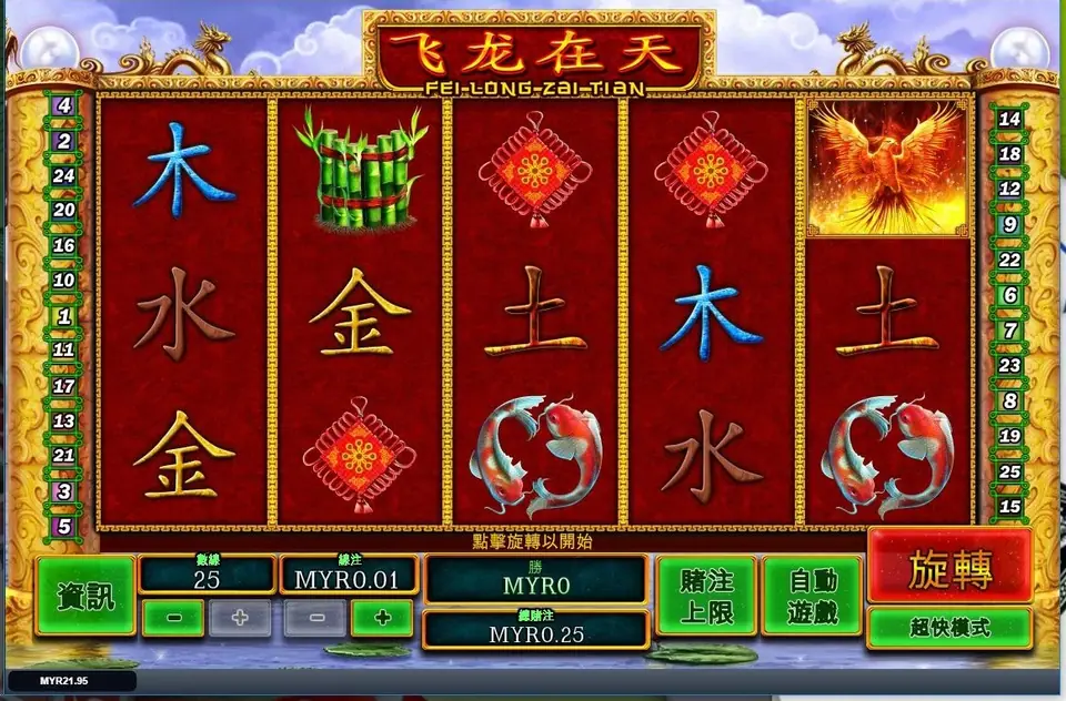 Fei Long Zai Tian on Rollex11: 飞龙在天 plaque over red reels with gold element characters, bamboo, lucky knots, a flaming phoenix and koi, 25 line tabs on each side