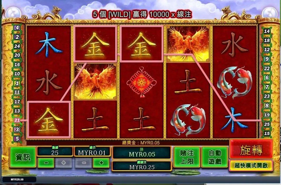 Three gold 金 characters boxed on line 21 of Fei Long Zai Tian on Rollex11, with the five-wild 10000 x line bet banner above the reels and MYR0.05 in the win box