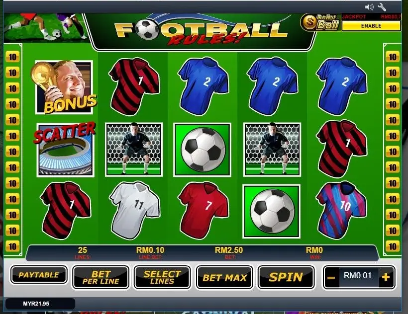 Football Rules on Rollex11: green-pitch reels with striped and plain jerseys, goalkeepers, footballs, a trophy BONUS fan and a stadium SCATTER, bet panel at RM2.50