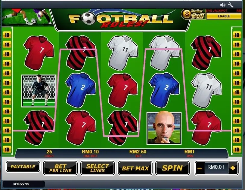 Pink line through three red-and-black No. 7 shirts from reel 1 on Football Rules, WIN box showing RM1 at RM0.10 line bet