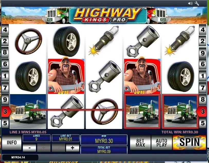 Highway Kings Pro on Rollex11: two trucker wilds on reels 2 and 4, a green truck line win on line 3 and the HIGHWAY KINGS PRO logo