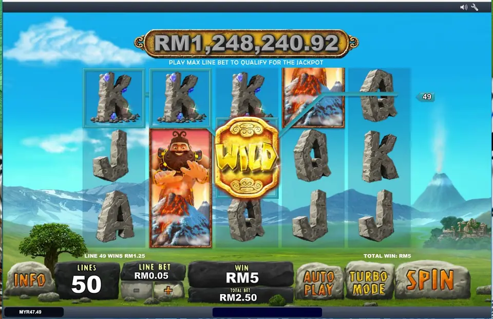 Two stone Ks and a WILD on line 49 paying RM1.25, with a tall giant symbol on reel 2