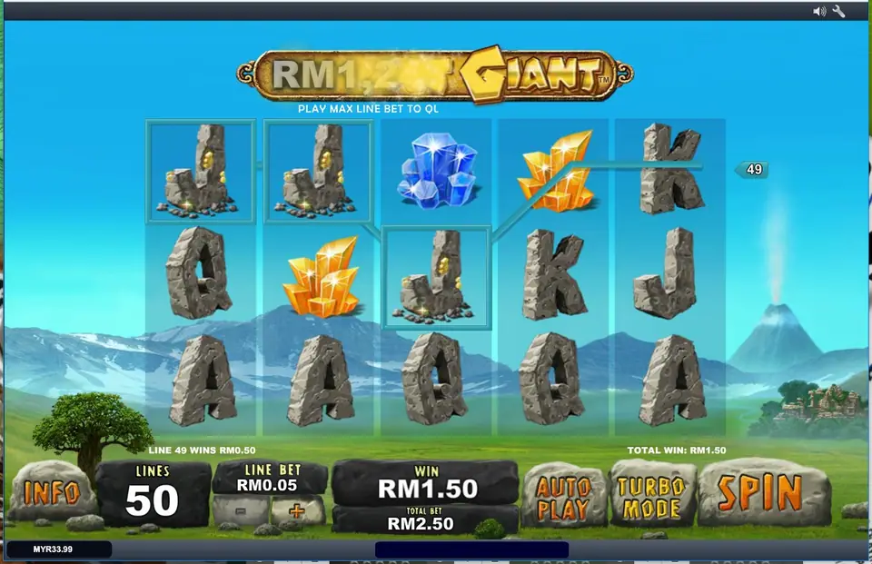Three Js on line 49 paying RM0.50 and a total win of RM1.50