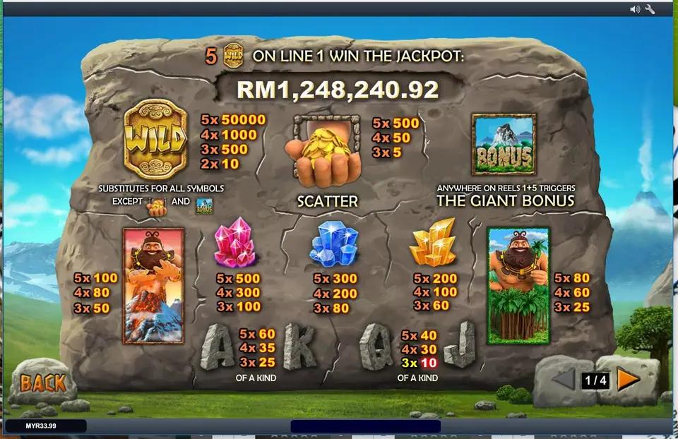 The Jackpot Giant info screen with the WILD, scatter and bonus rules and the crystal and card pays