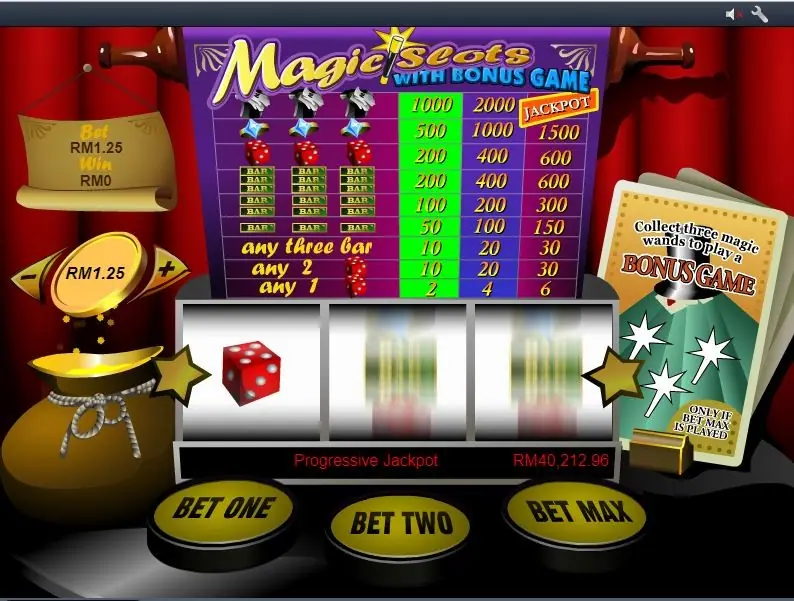 Magic Slots mid-spin with a red die stopped on reel 1 and reels 2 and 3 still turning