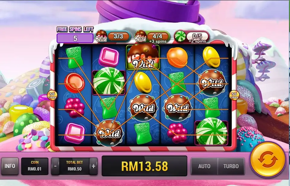 Free spins with five left, several Wilds on the grid, win lines drawn and RM13.58 in the message box